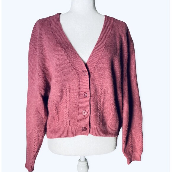 Vintage Y2K Lambswool Angora Blend Mauve Pink Cropped Boxy Cardigan Size Large L - Picture 3 of 10